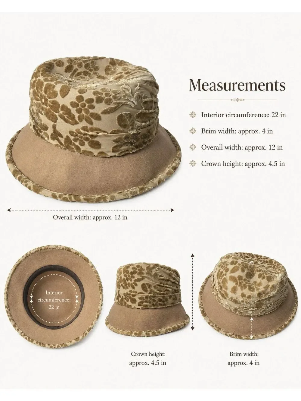 Vintage Julianne Walters LTD Floral Wide Brim Hat Beige Burnout Velvet Derby